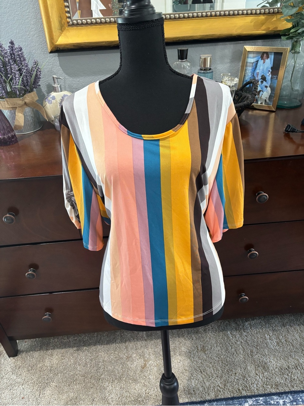 Ashley Stewart Short Sleeve Scoop Neck Stripe Top in Mustard, Teal & Coral